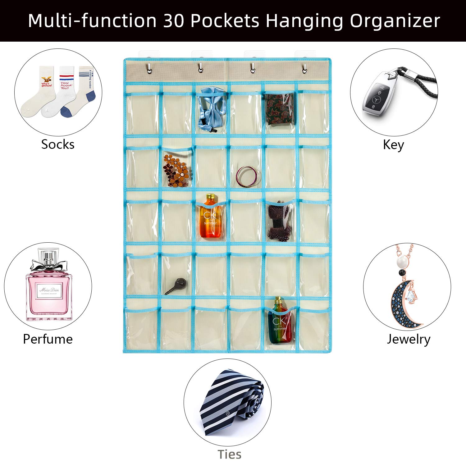 KEEPJOY Hanging Cell Phone Organizer, Classroom Pocket Chart for Calculator Holder with 30 Pockets,Size:33.5 x 24.5 Inch Clear Pocket Chart (Off White)