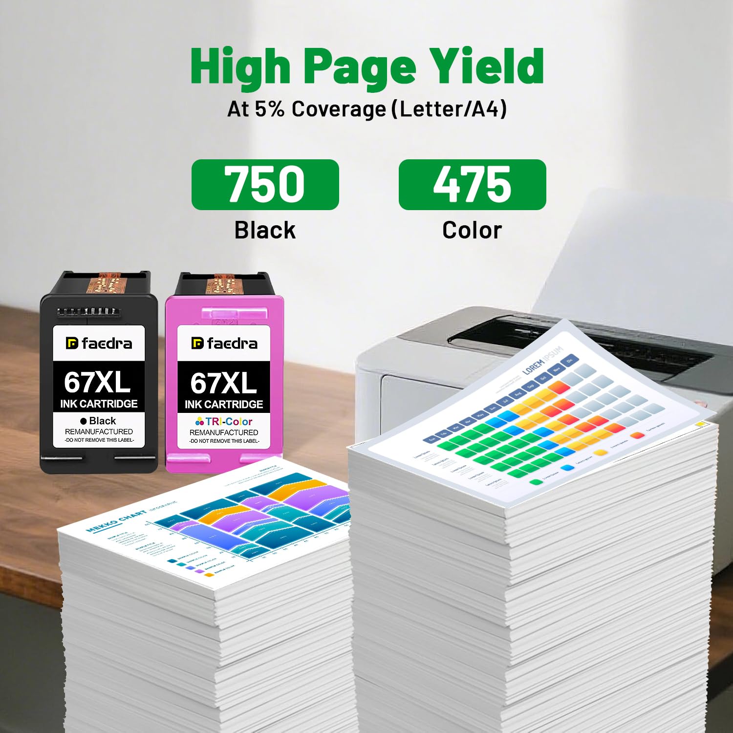 Faedra Remanufactured Ink Cartridges for HP 67XL 67 XL Ink for HP Deskjet 2742e 2842e 2755e 2855e 4255e Work for HP Deskjet 2700 2700e 2734e 2827e 2723e 4155e Envy 6455e 6055e 6000 Ink (1Black 1Color)