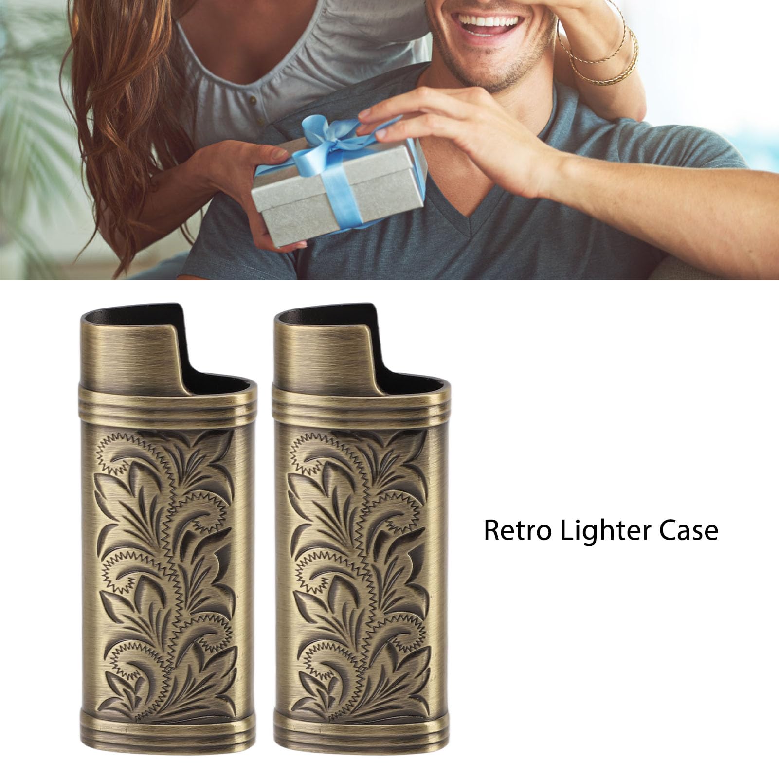 Metal Lighter Case Cover Holder Vintage Floral Stamped, 2pcs Retro Lighter Case Compact 3D Floral Stamped Engraving Zinc Alloy Protective Case Cover(Bronze)