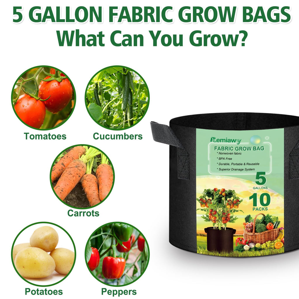 Remiawy Grow Bags, 10 Pack 5 Gallon Aeration Fabric Pots with Handles Reusable Heavy Duty Thickened Nonwoven Indoor Outdoor Garden Plant Containers for Growing Potatoes Tomatoes Plants and Vegetables