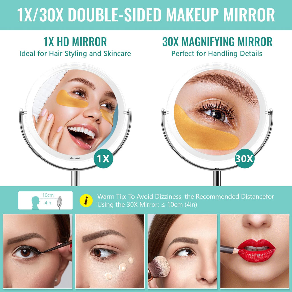 Auxmir Magnifying Mirror 30X /1X Makeup Mirror Double Sided with Magnification, Round Vanity Tabletop Mirror Crystal-Like Style 360° Rotation Portable for Dressing Table Desk Bathroom Bedroom Travel