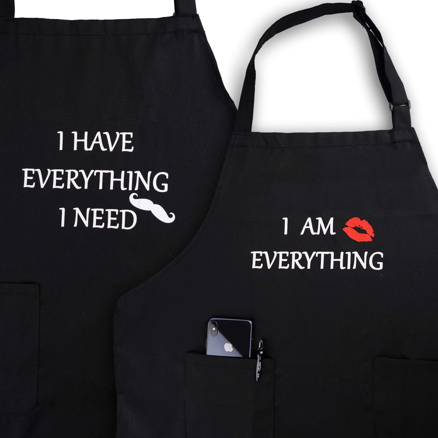 Apron Couples, Christmas Gifts for Couples: Waterproof Aprons for Women Men, with Adjustable Neck Strap with Extra Long Ties, 2 Pockets (Black)