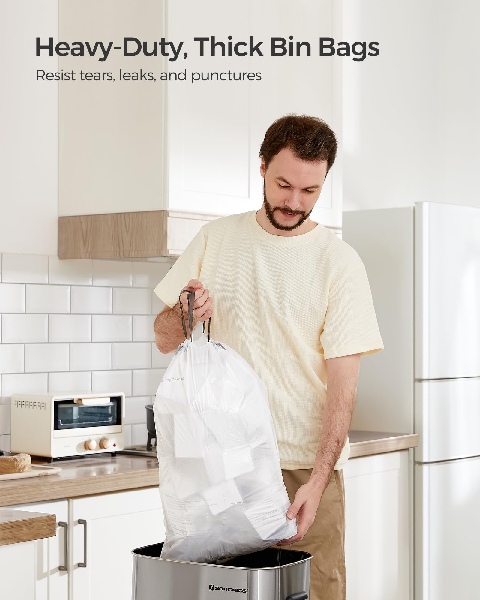 SONGMICS Trash Bags for 4-5.3 Gallon (15-20 L) Trash Cans, Drawstring Kitchen Garbage Bags, Pre-Separated, Liner Code 020A01, 2 Rolls, 80 Count, White UKRB020A02