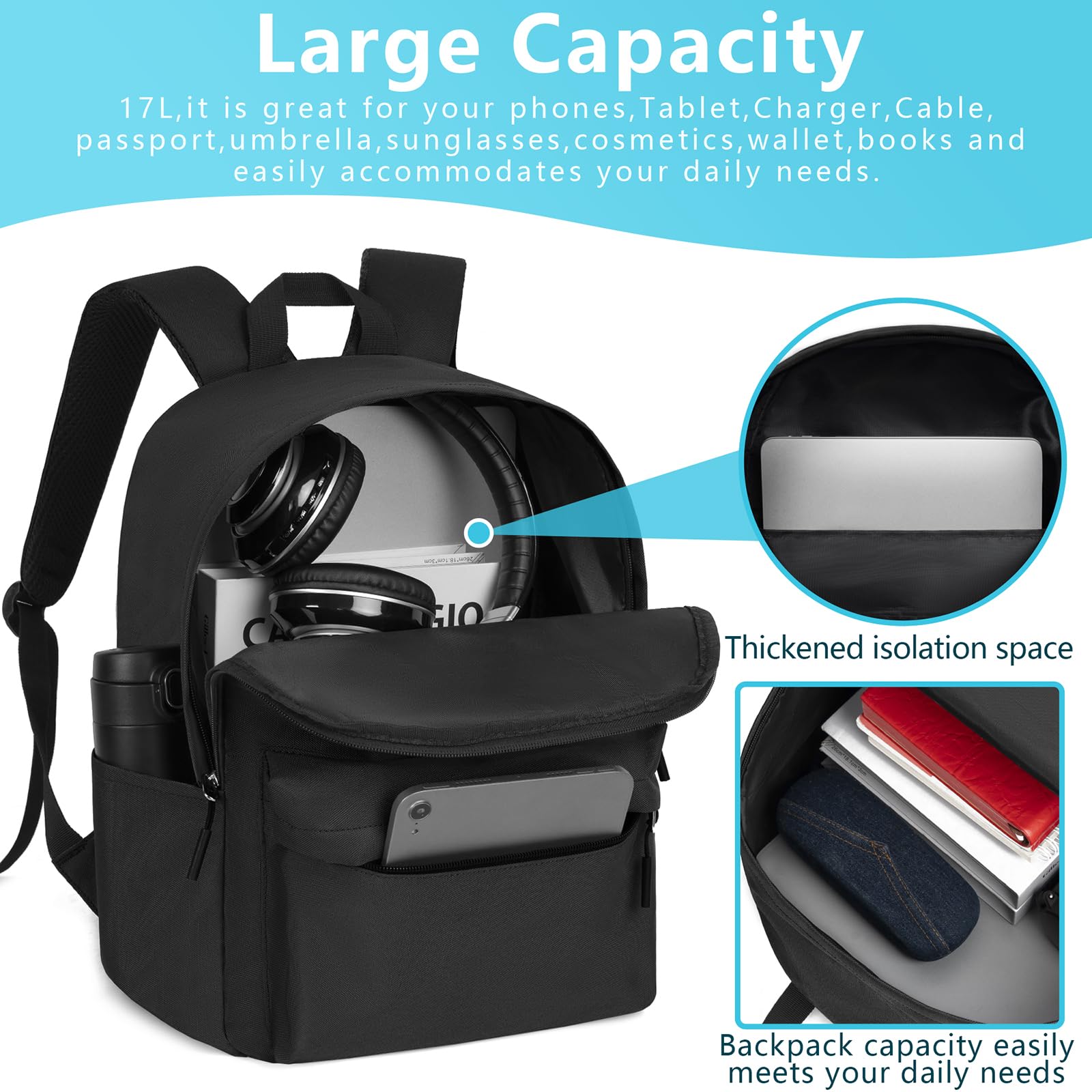 Lightweight Casual Backpack 14-Inch Laptop for Men and Women W30.22 X D14.22 X H40.13 cm Water-Resistant Daily Use School Backpack for Travel Work,Black