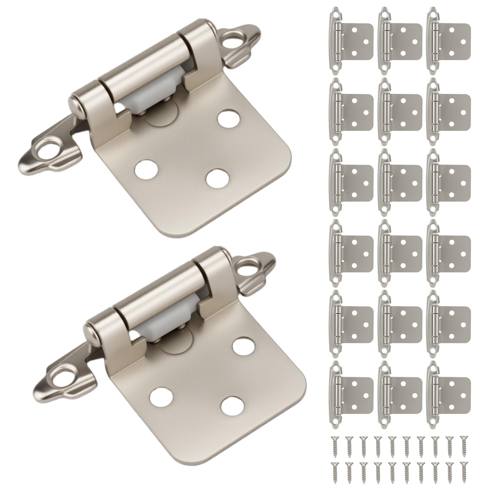 24-Pack 1/2” Overlay Cabinet Hinges (Stain Nickel)，Closing Semi-Concealed Kitchen Cupboard Hardware with Screws
