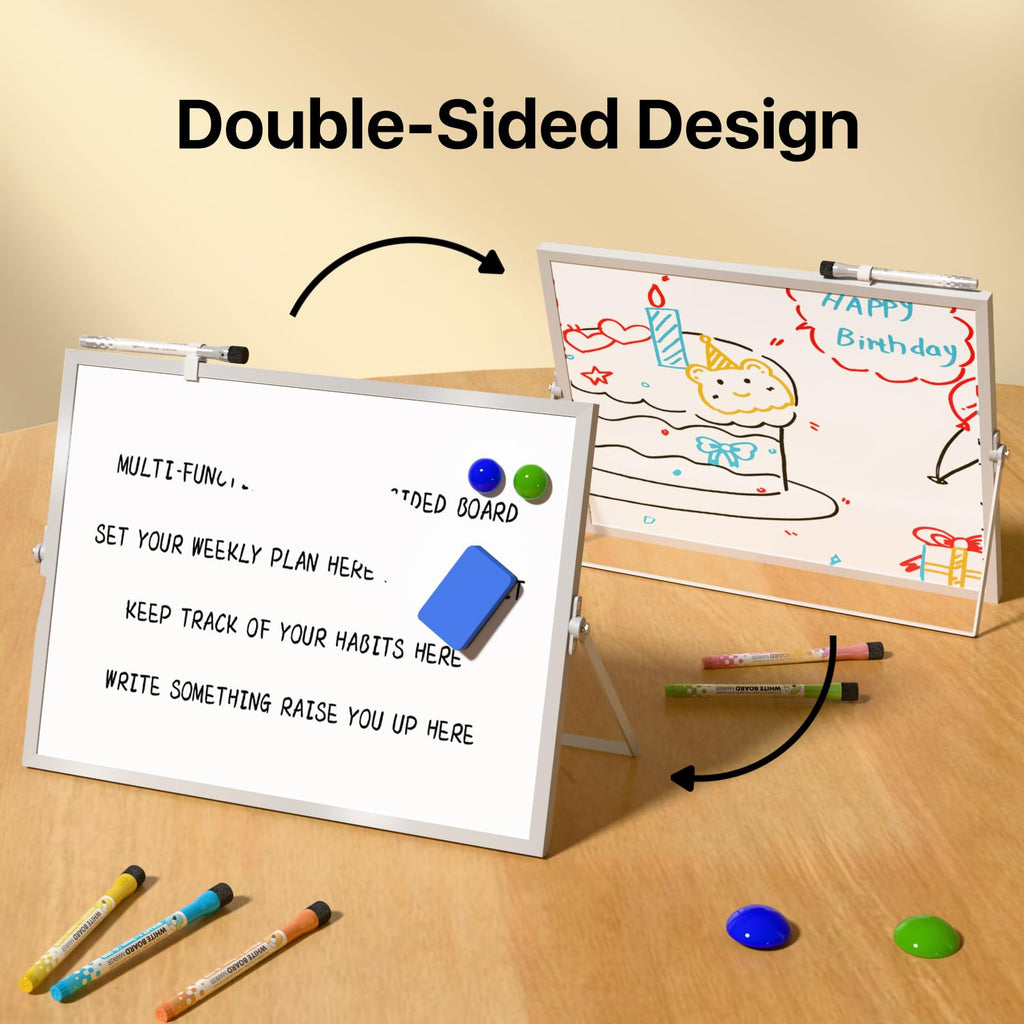 Dry Erase White Board with Stand, Double-Sided Weekly Whiteboard 16"x12", 10 Markers, 6 Magnets, 1 Eraser, Portable Desktop Whiteboard for Planning, Weekly Schedule Board for Home