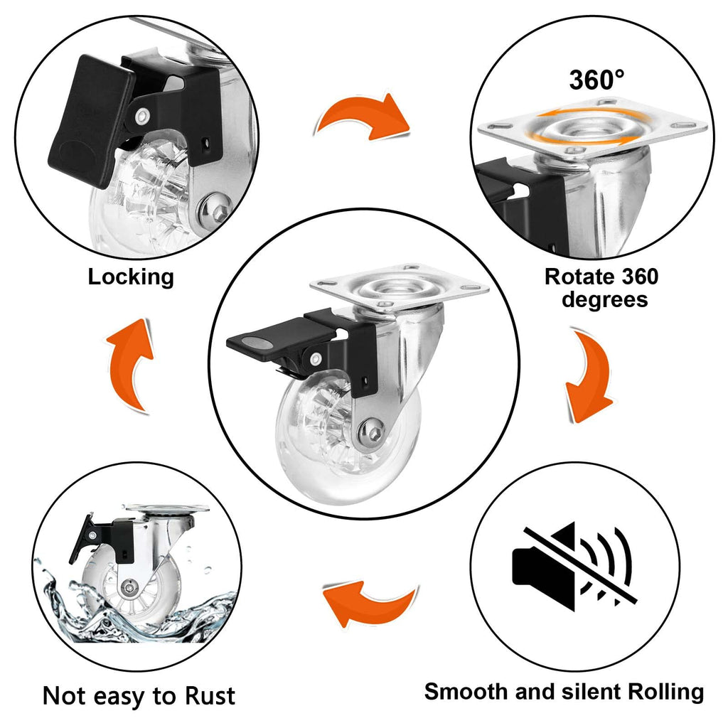Clear Caster Wheels 3 Inch Casters Set of 4 Heavy Duty, Locking Industrial Casters with 360 Degree No Noise Transparent Polyurethane Wheels, Swivel Plate Casters with Brake - Pack of 4
