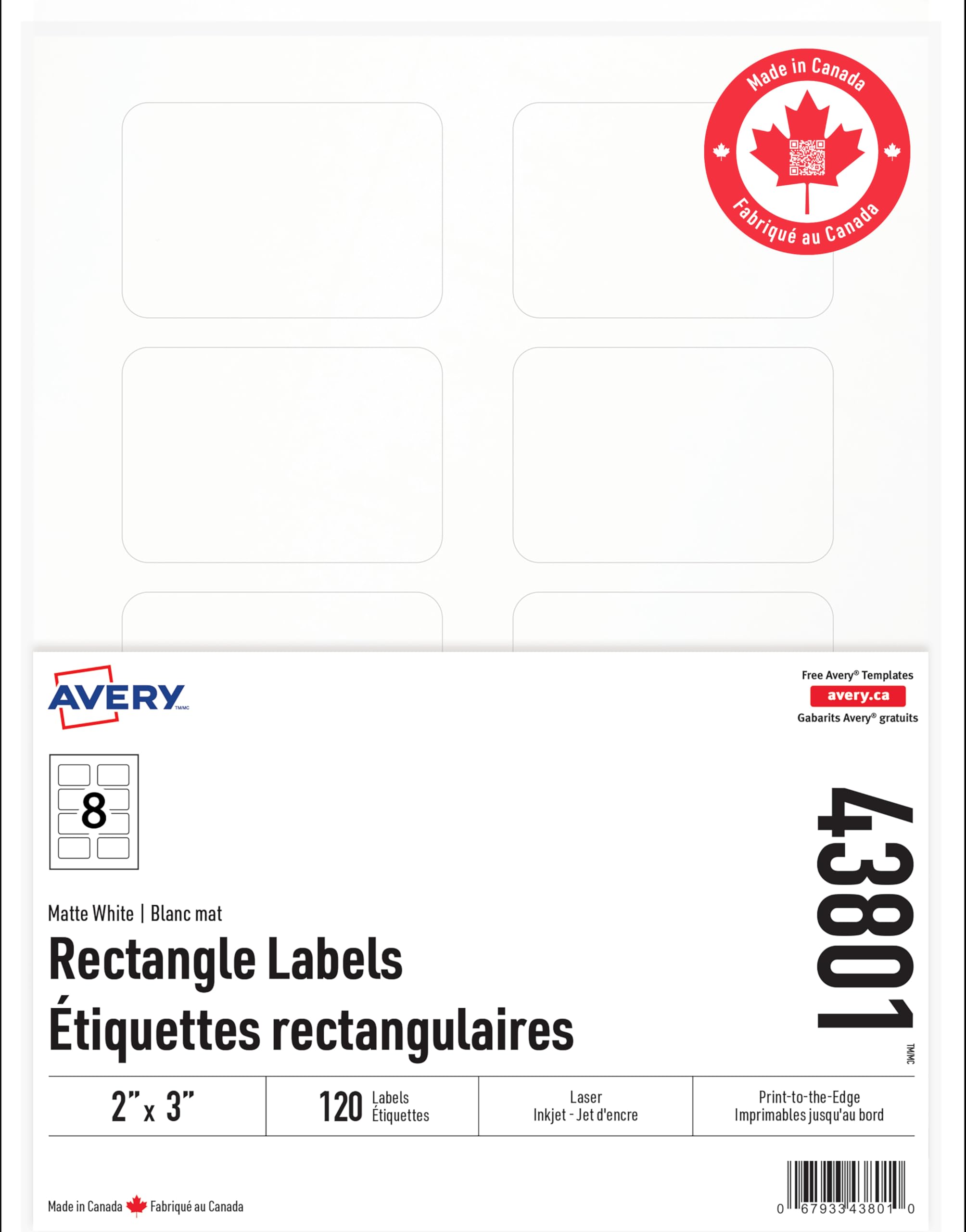 Avery Rectangle 2" x 3", Labels, Laser/Inkjet Printers, Print-to-The-Edge, 120 Labels, Permanent, Rectangle, Matte White, (43801) Made in Canada