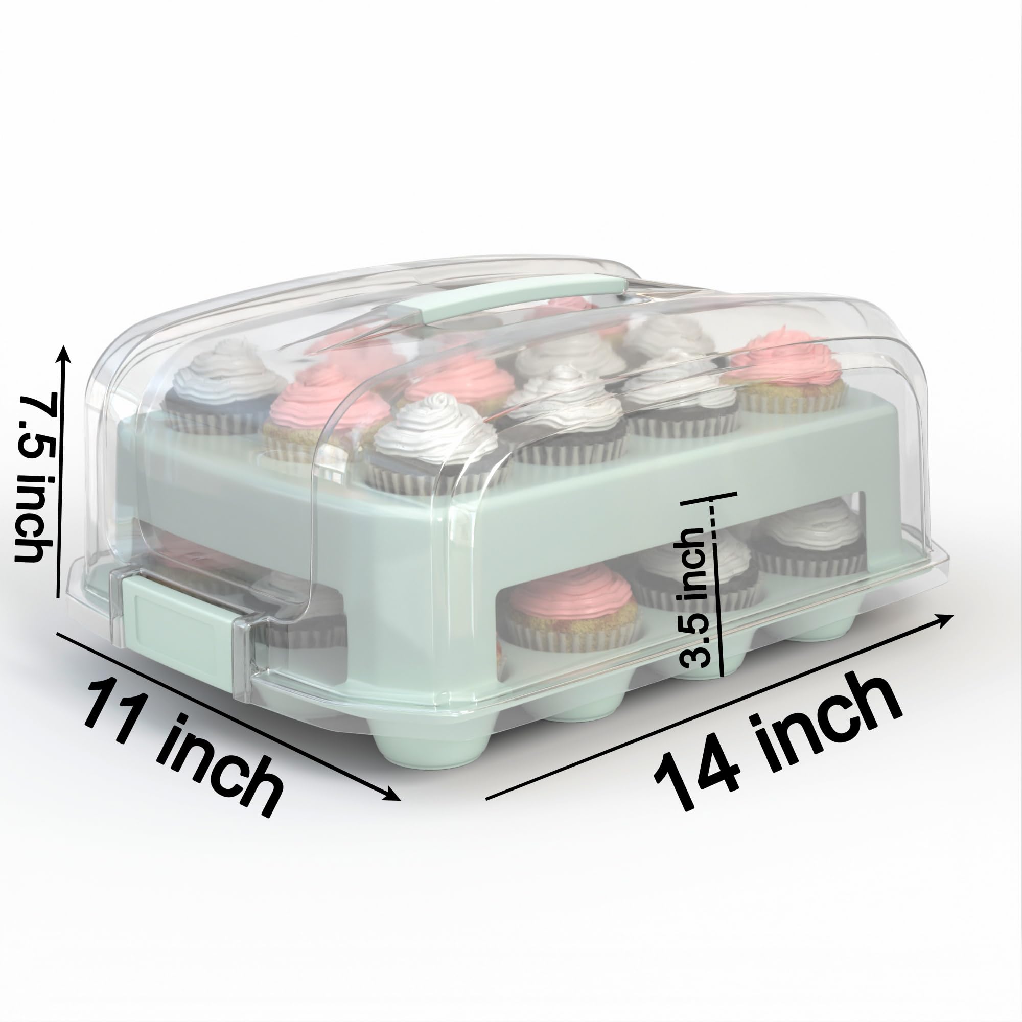 Cupcake Carrier, EXTRA TALL LID, Fashionable Green Cupcake Holder Carries 24 Standard-Size Cupcakes, Durable Muffin Traveler Two Tier Stand and Reusable Cupcake Box (Seafoam Green)