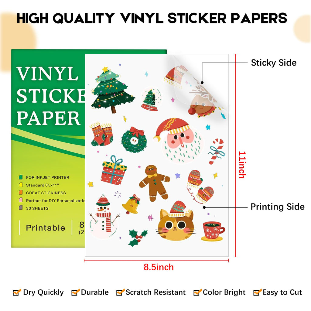 30 Sheets Premium Printable Vinyl Sticker Paper for Inkjet Printer, Clear 8.5x11 Inch Sticker Paper Waterproof, Dries Quickly, Vivid Colors, Tear Resistant, Great for Cutting Machines
