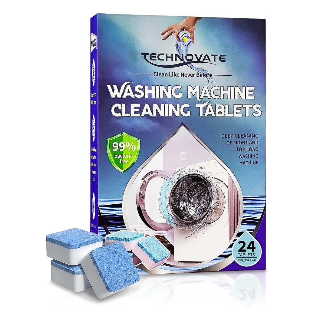 Technovate Washing Machine Cleaner Tablets 24 Pack Deep Drum Cleaning and Descaler for Front and Top Load Washers HE Safe, Septic & Eco-Friendly Deodorizer