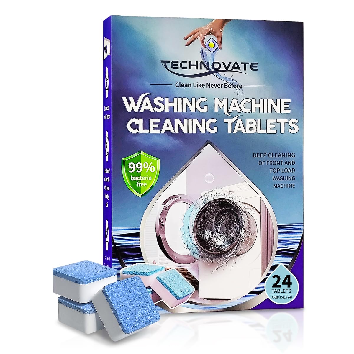 Technovate Washing Machine Cleaner Tablets 24 Pack Deep Drum Cleaning and Descaler for Front and Top Load Washers HE Safe, Septic & Eco-Friendly Deodorizer