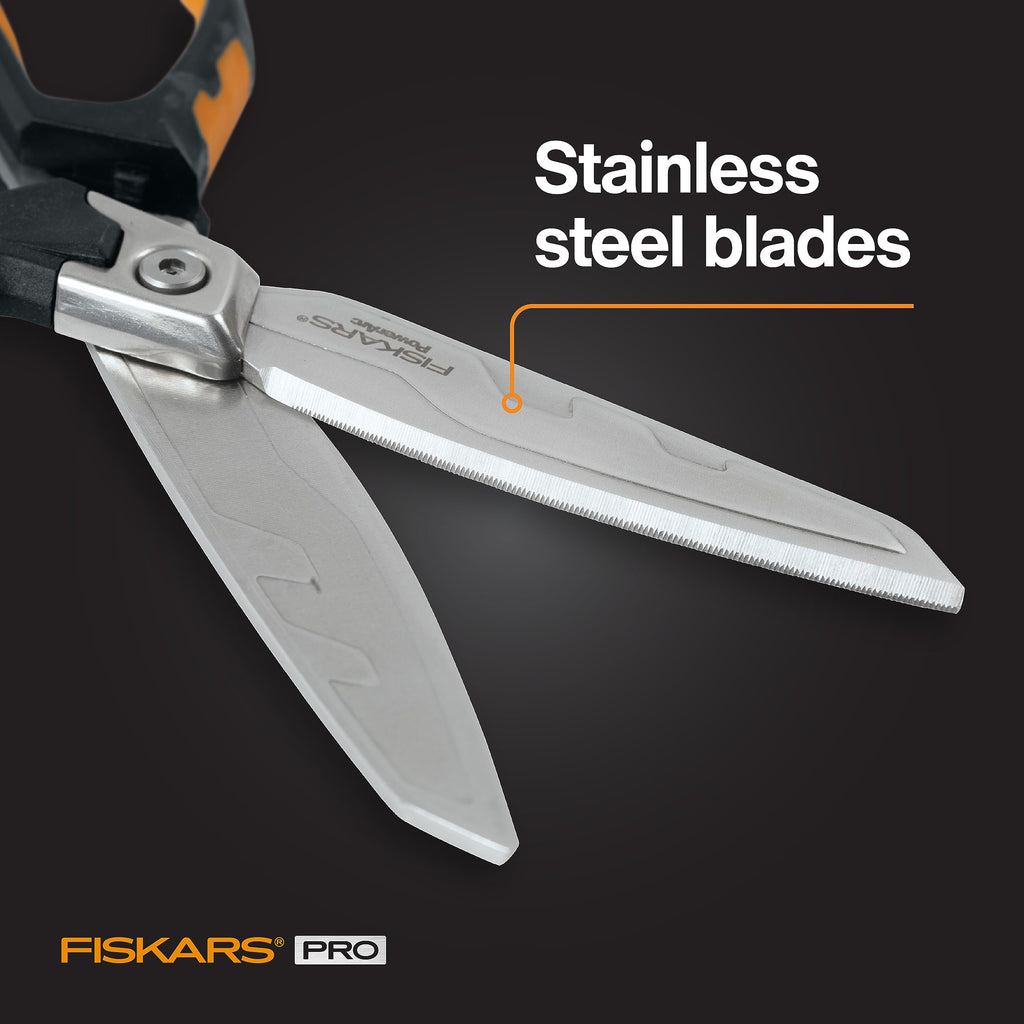 Fiskars Pro PowerArc Shop Shears, Heavy Duty Stainless Steal Scissor, Industrial Grade Tool for Building and Construction, 10 in, Orange/Black