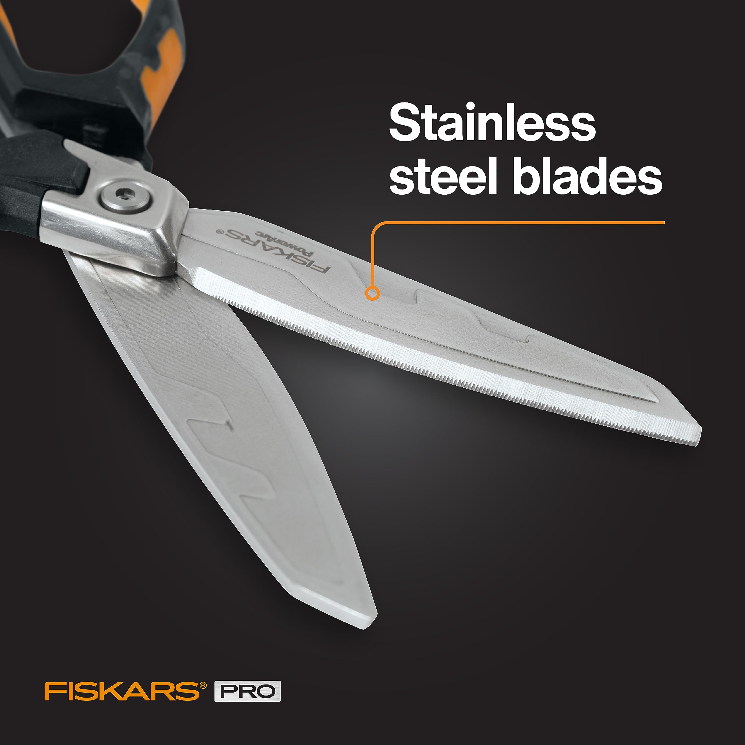 Fiskars Pro PowerArc Shop Shears, Heavy Duty Stainless Steal Scissor, Industrial Grade Tool for Building and Construction, 10 in, Orange/Black