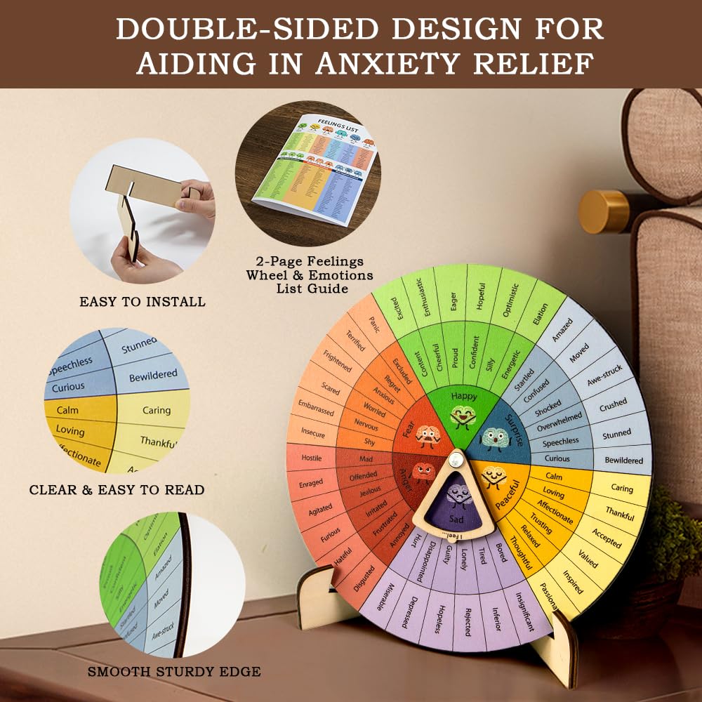 Feelings Wheel Therapy Office Desk Decor - Large Mental Health Emotions Chart with Spinning Pointer & Stand - Therapist Gifts for Home Office, Kids & Adults, Calming Tool, Emotion Wheel