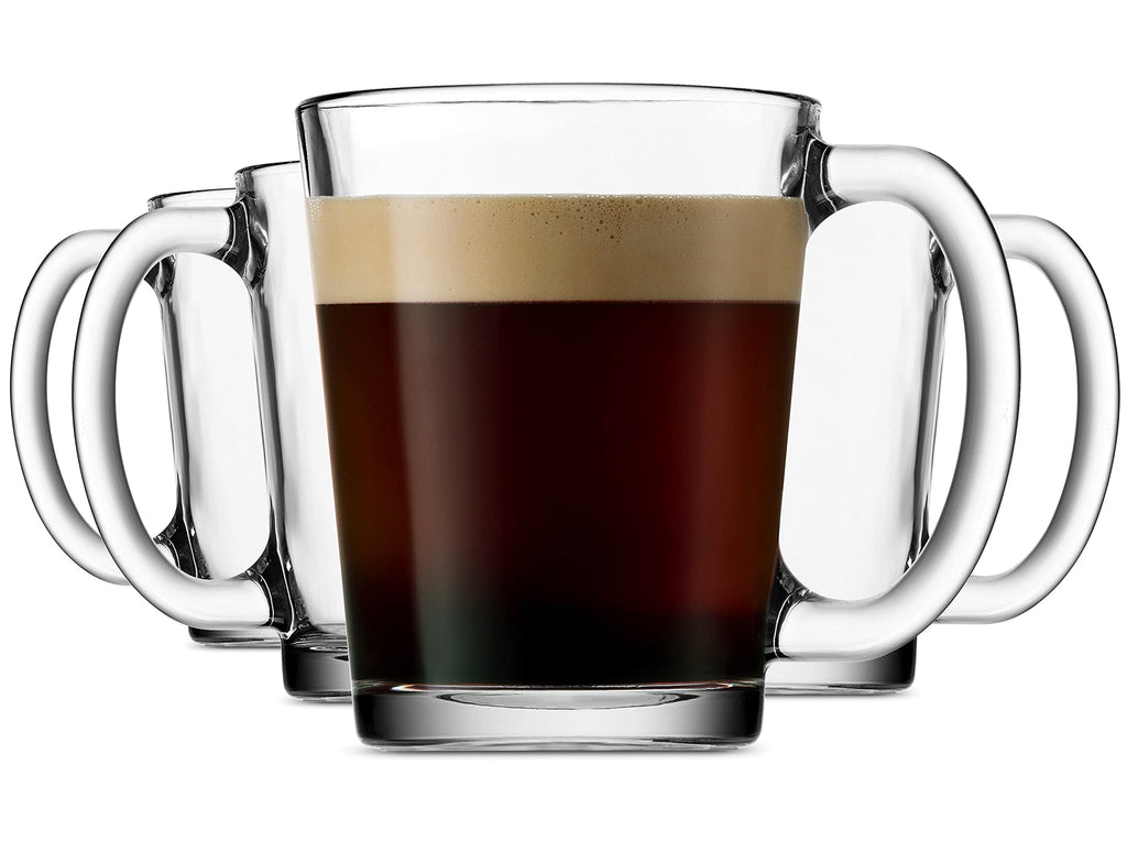 Godinger Coffee Mugs, Italian Made Glass Coffee Mug with Handle, Hot Beverage Tea Cups, Glass Cups, Drinking Glasses - 10oz., Set of 4