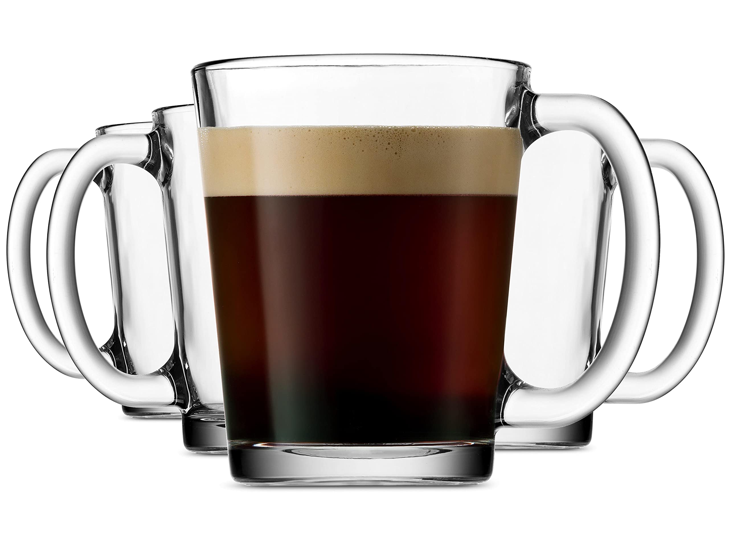 Godinger Coffee Mugs, Italian Made Glass Coffee Mug with Handle, Hot Beverage Tea Cups, Glass Cups, Drinking Glasses - 10oz., Set of 4