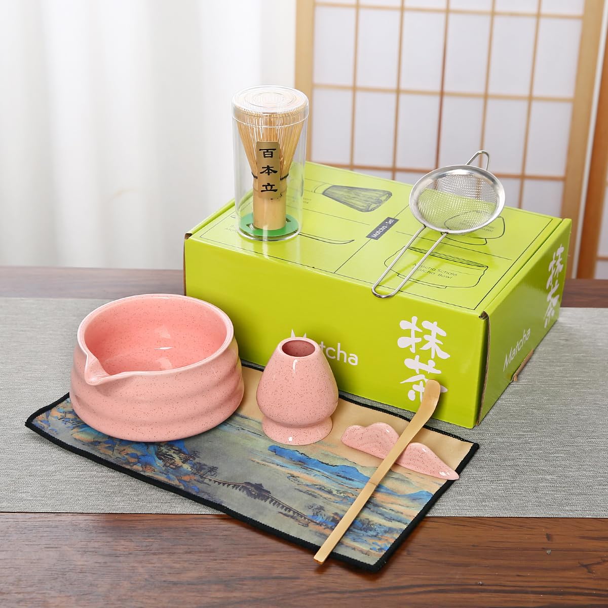 Matcha Tea Ceremony Set with Pink Ceramic Bowl, Bamboo Whisk, Strainer and Mat, 7-Piece Traditional Japanese Style