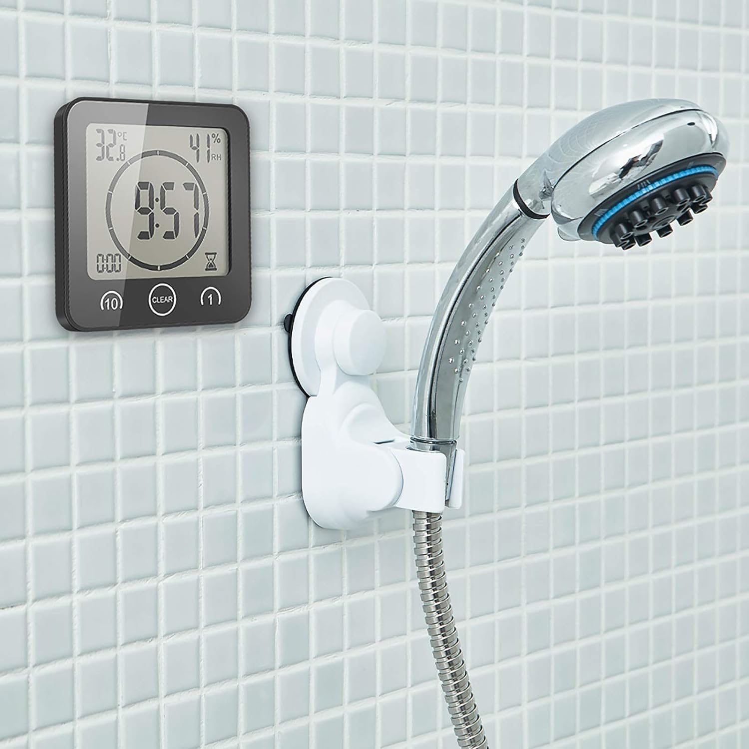 Shower Wall Clock Waterproof Sunsbell Digital Temperature Humidity Display with Suction Cup, Touch Screen Timer for Kitchen Bathroom (Black)