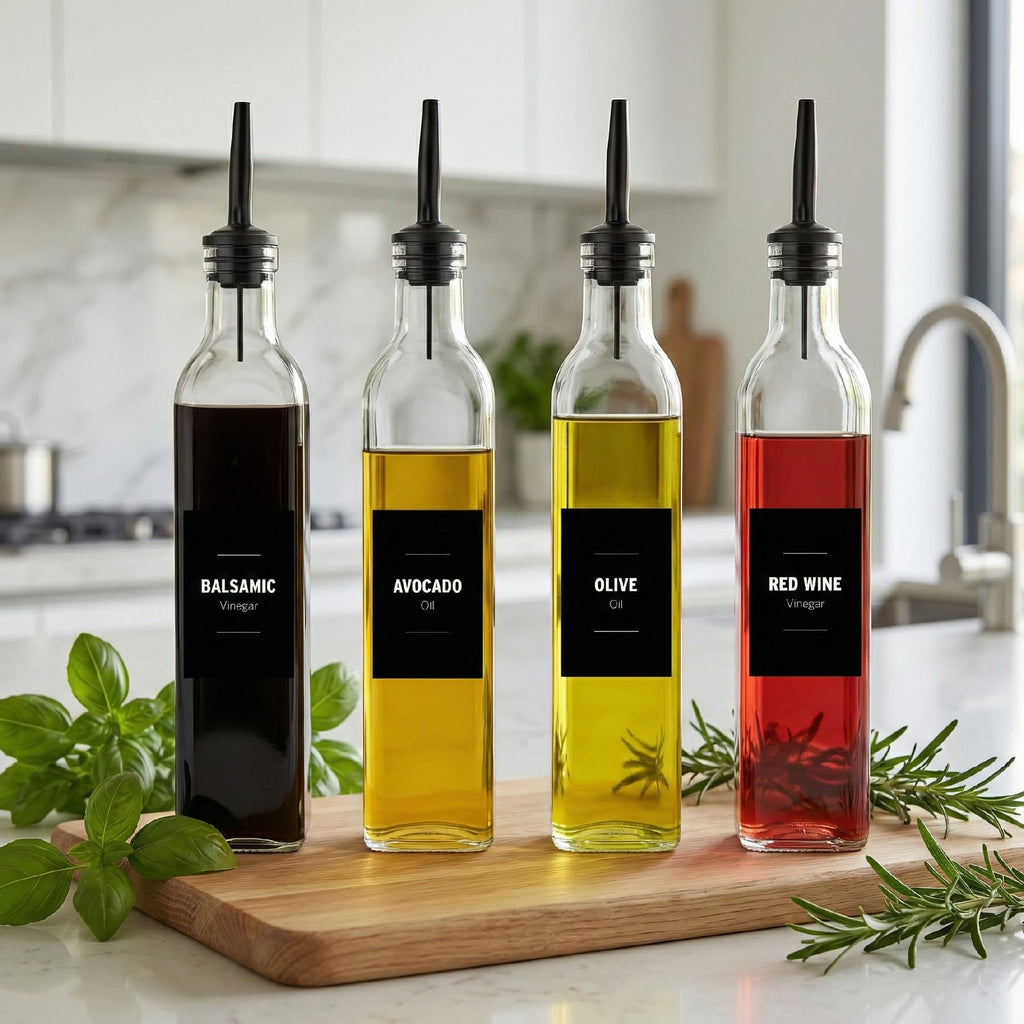 Olive Oil Dispenser Bottle for Kitchen – Oil and Vinegar Dispenser Set of 4 (500ml) – Glass Cruet Bottles with Stainless Steel Pourers, Funnel & Labels for Cooking Oil, Soy Sauce, Vinegar