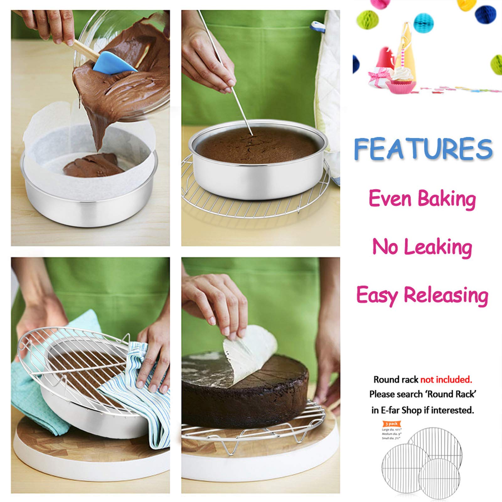 6 Inch Cake Pan Set of 2, E-far Stainless Steel Round Smash Cake Baking Pans, Non-Toxic & Healthy, Mirror Finish & Dishwasher Safe
