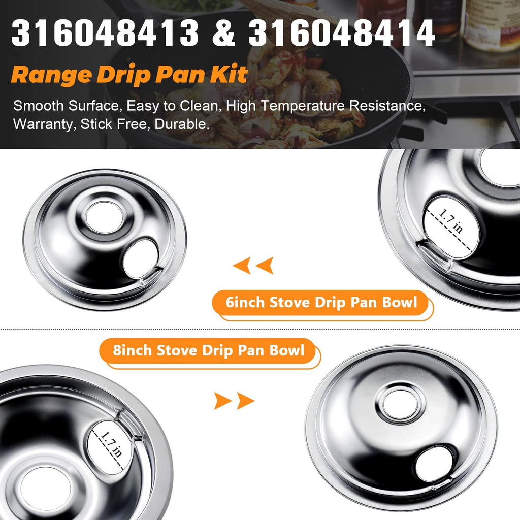 316048413 and 316048414 Chrome Stove Burner Drip Pans Replacement Compatible with Frigidaire Whirlpool Electric Range Include 2 x 6 in, 2 x 8 in