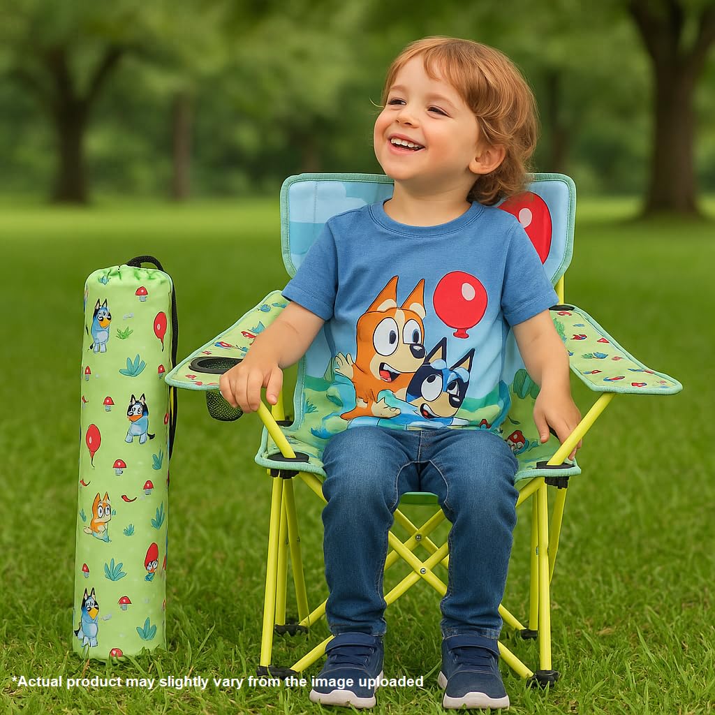 Bluey Folding Camp Chair with Cup Holder and Carry Bag, 600D Polyester, Toddlers up to 80 lbs