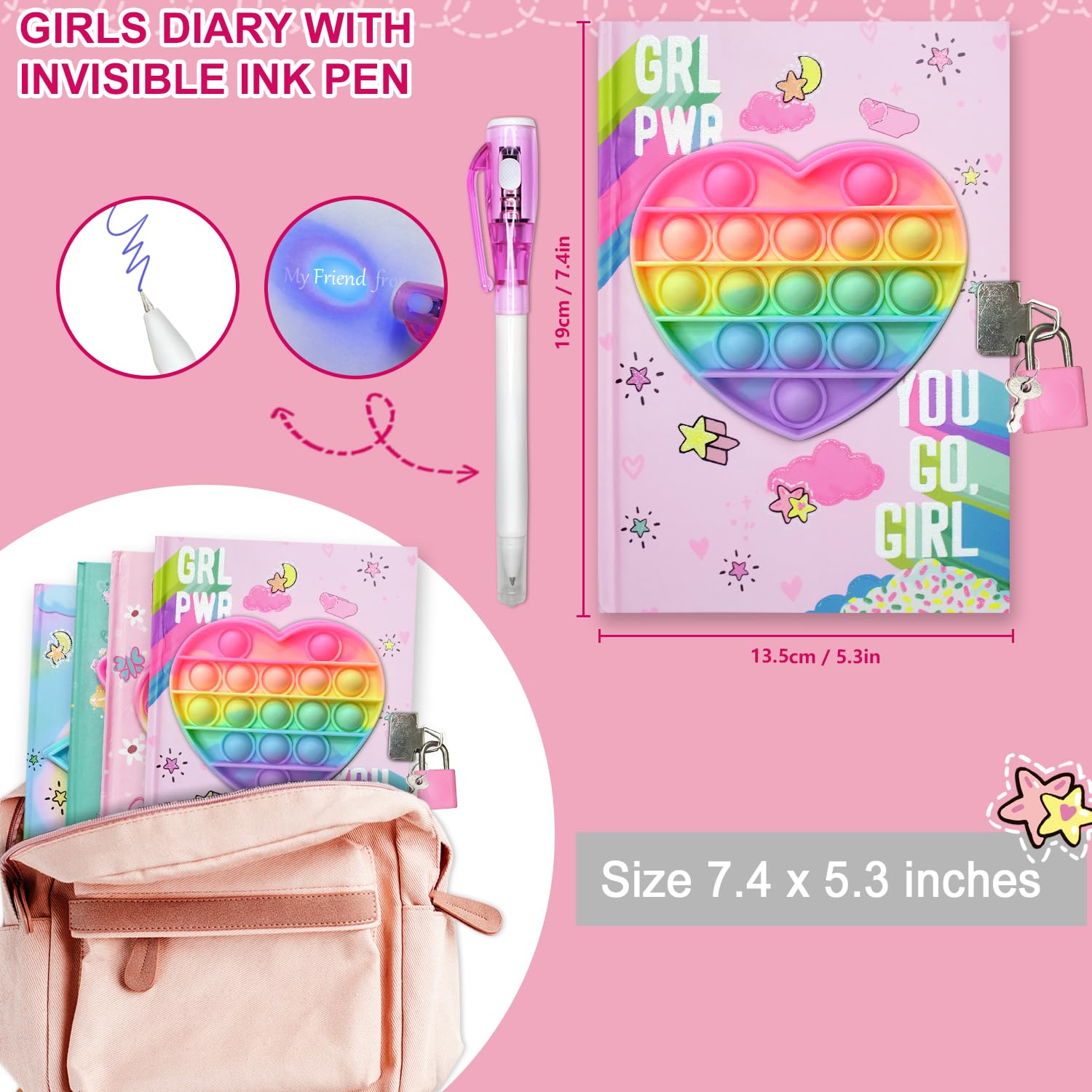 Pop Girls Diary with Lock and Invisible Ink Double-end Pen, 7.5x5.4” 160 Lined Page Fidget Colorful Heart Girls Journal for Kids Secret Notebook Pen Set Birthday Gifts for Girls 5 6 7 8 9 10 Years Old