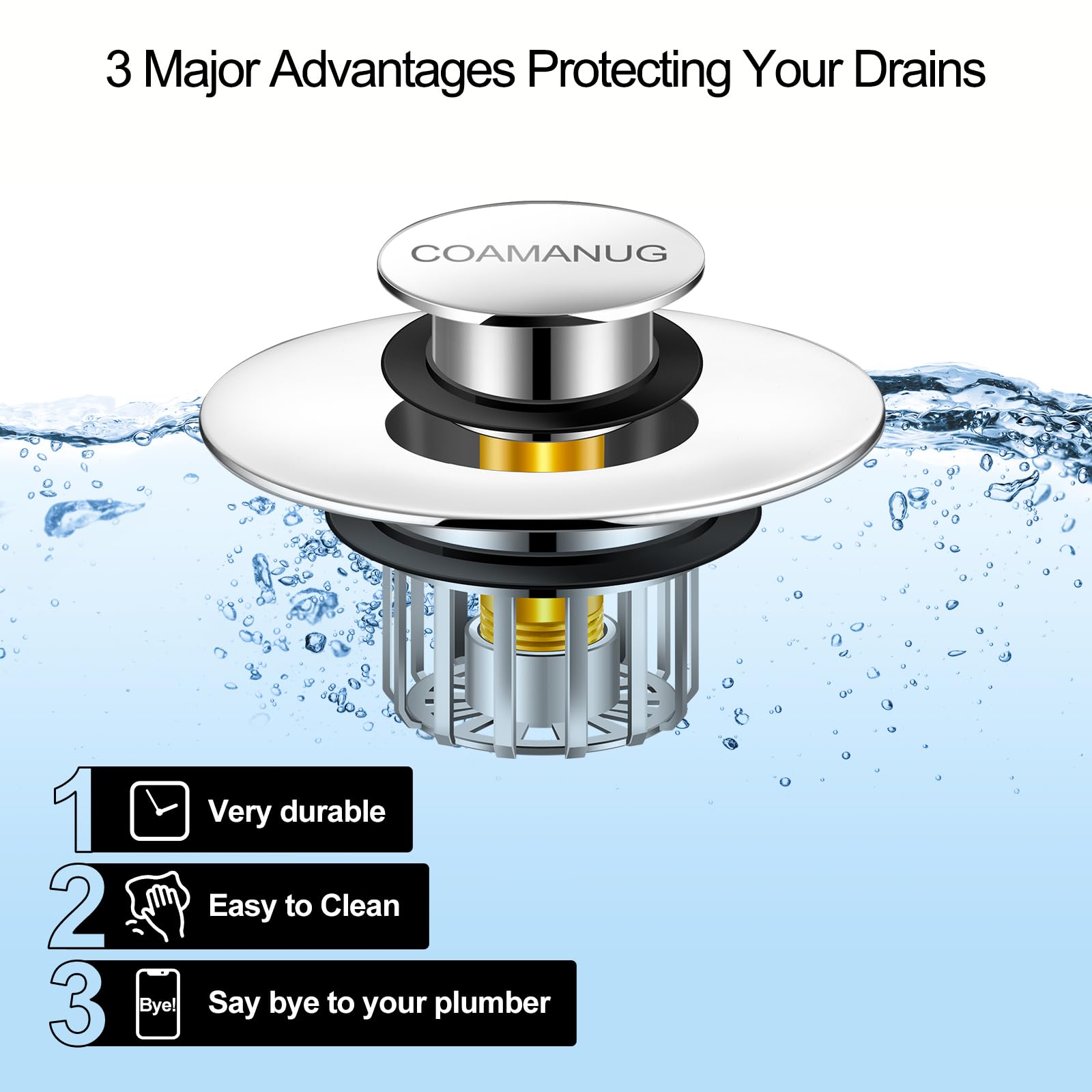 coamanug Bathtub Stopper | Shower Drain Hair Catcher, Pop-up Tub Stopper with Strainer | Bathroom Drain Plug | Drain Protector for 1-1/2 to 1-3/4"" Bath Drain Hole