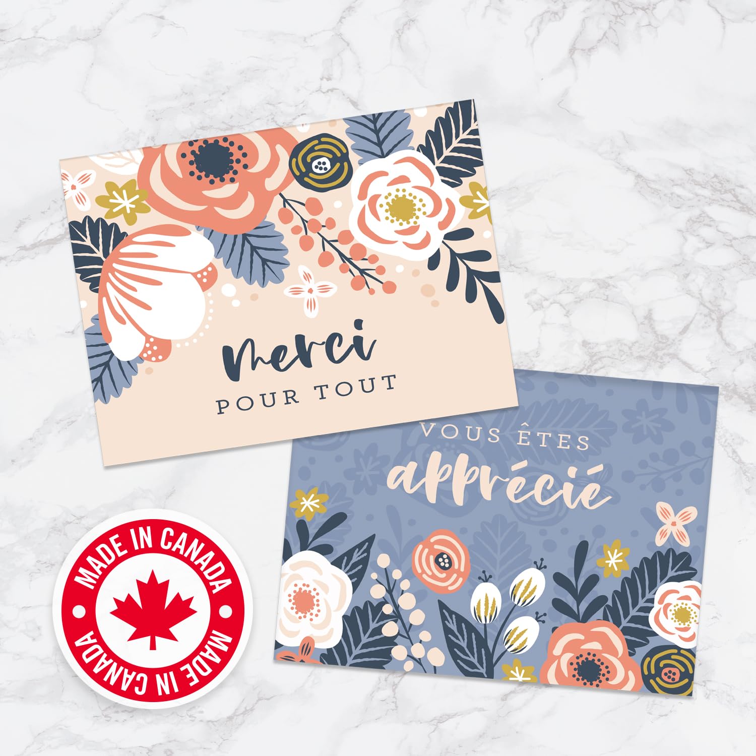 Floral Thank You Card Assortment / 24 Folded Merci Greeting Cards With White Envelopes / 4 5/8" x 6 1/4" French Canadian Notecards / 4 Unique Designs/Made In Canada