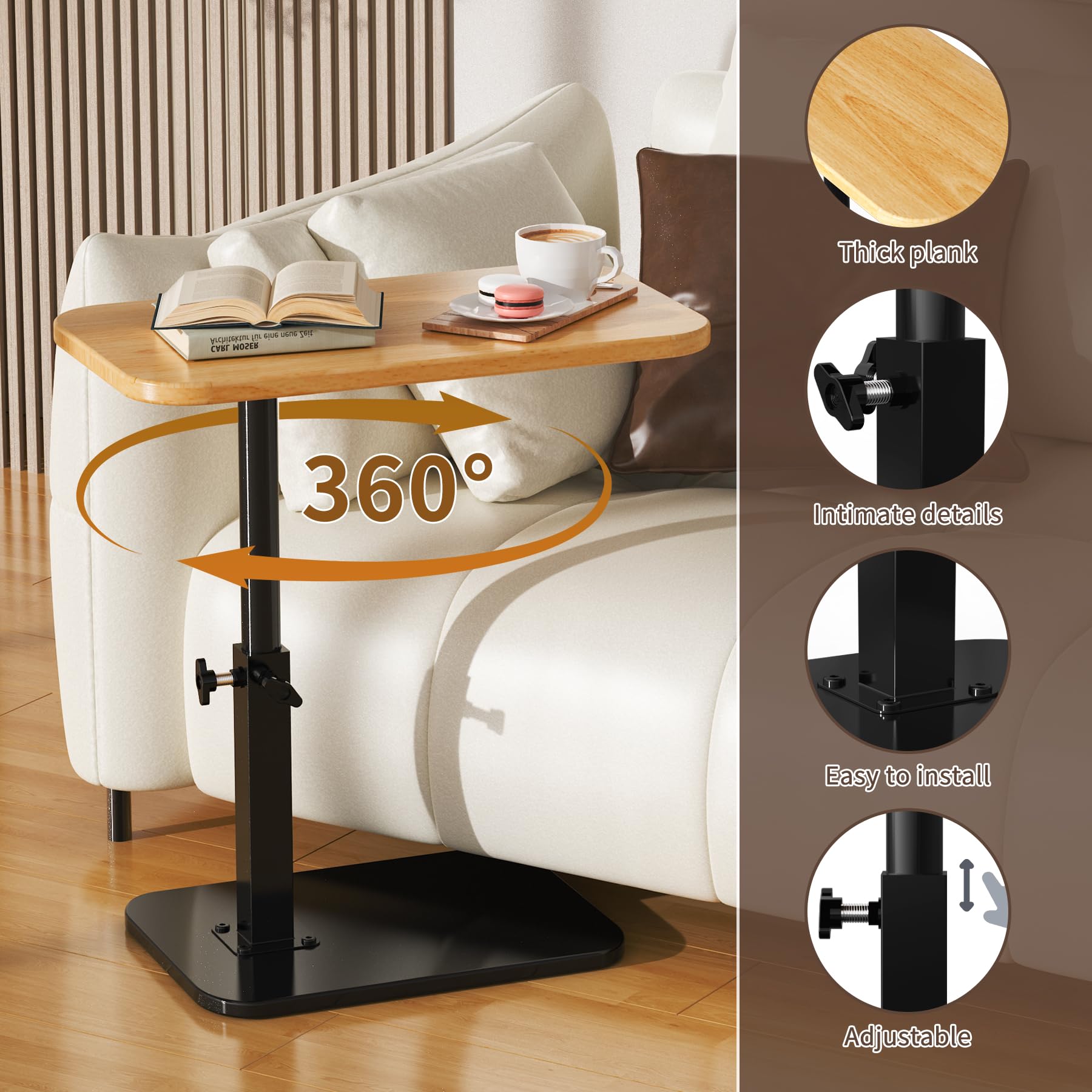 Botion Adjustable Height C-Shaped Table, 360° Swivel TV Tray, TV Tray for Couch, Bedside and Living Room, Couch Table with Metal Pillar(Nature)