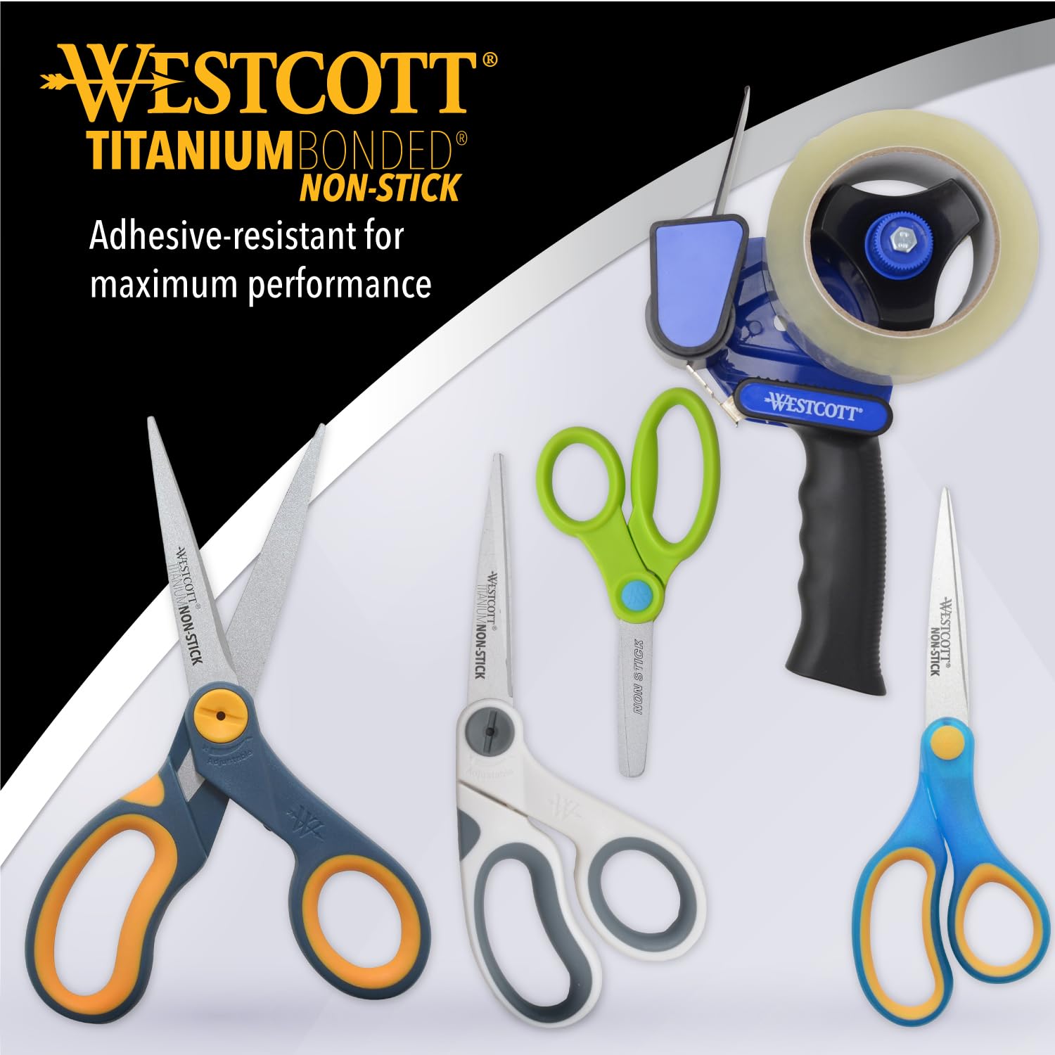 Westcott 8-Inch Titanium-Bonded Non-Stick Straight Scissors with Adjustable Glide Feature for Office and Home - Gray/Yellow, 3 Pack