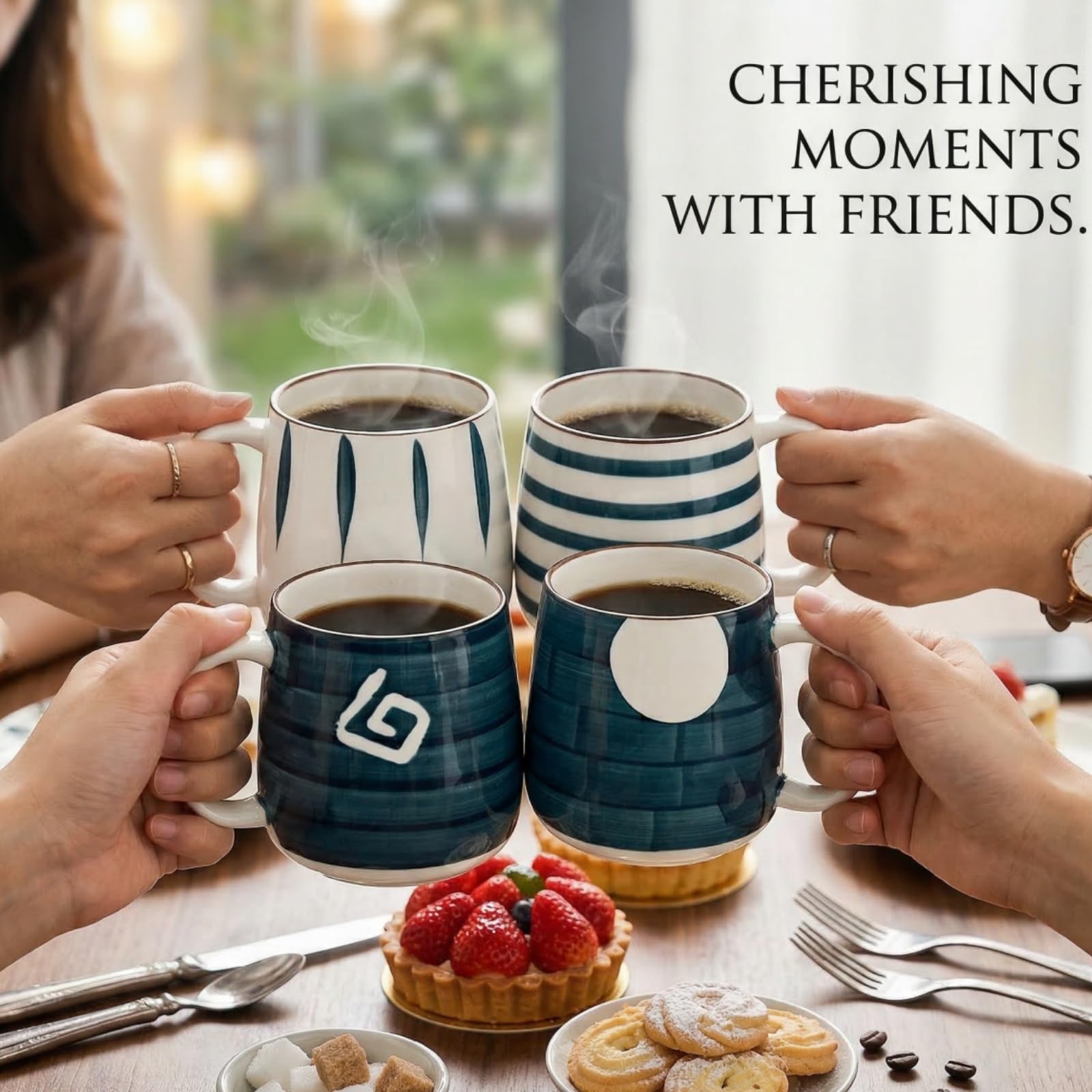 DEAYOU Set of 4 Porcelain Coffee Mugs, 500 ml/17 Oz Ceramic Coffee Cups with Handles, Large Hand-Painted Tea Cups for Cappucino, Milk, Latte, Cocoa, Hot or Cold Drinks, Microwave & Dishwasher Safe