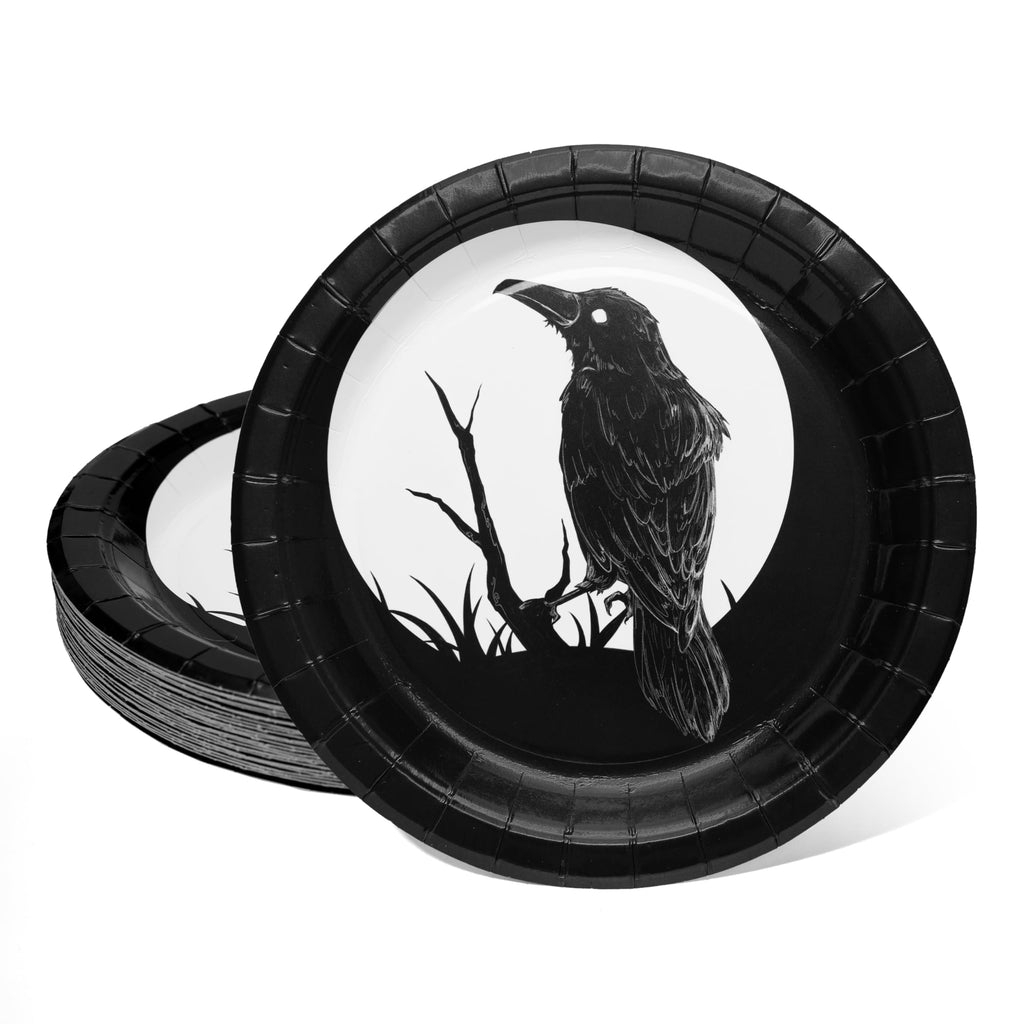 Cheerland Gothic Crow Paper Plates for Halloween Party Plates Birthday Gothic Christmas Dark Black Raven Disposable Party Supplies and Decorations 7 inch Dessert Plate Summerween Tableware Pack of 24