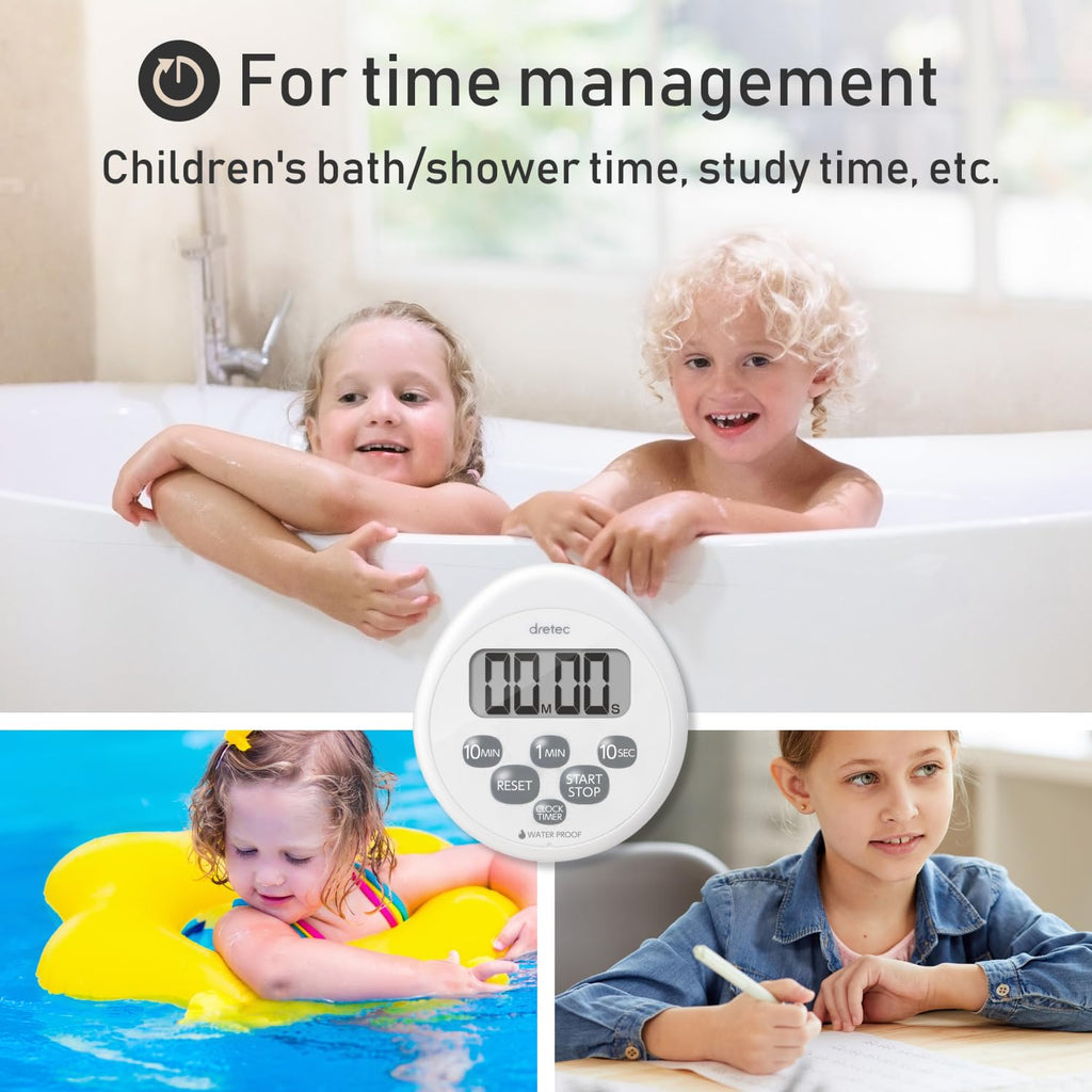dretec Digital Kitchen Timer, Water Proof Timer, Shower Timer, Magnetic Backing, Silver, Black, Officially Tested in Japan (1 Starter Lithium Battery Included)