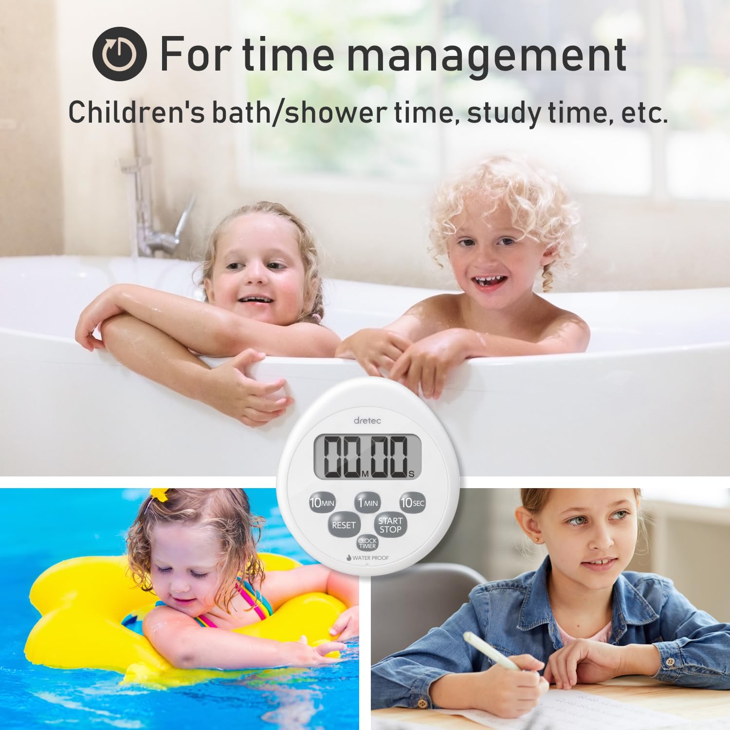dretec Digital Kitchen Timer, Water Proof Timer, Shower Timer, Magnetic Backing, Silver, Black, Officially Tested in Japan (1 Starter Lithium Battery Included)