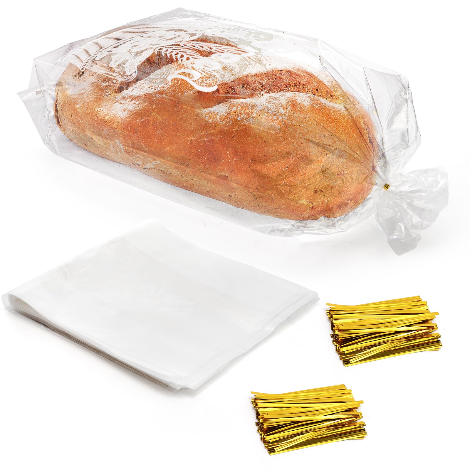 Nicunom 200 Pack Reusable Plastic Bread Bags, Gold Ties, 8” x 4” x 18”, Clear, Sturdy, BPA Free, Perfect for Bread, Bakery, Home Bakers, and Food Service Industries