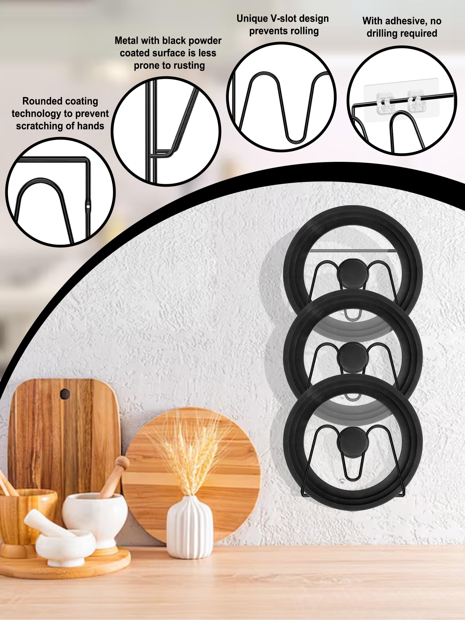 2 Pack Pot Lid Organizer Rack, 6-Tier V-Wall Pot Lid Holder, No Drilling Adhesive Cabinet Door/Wall Mounted Pot Cover Rack, Kitchen Shelf for Pots and Pans (Black)
