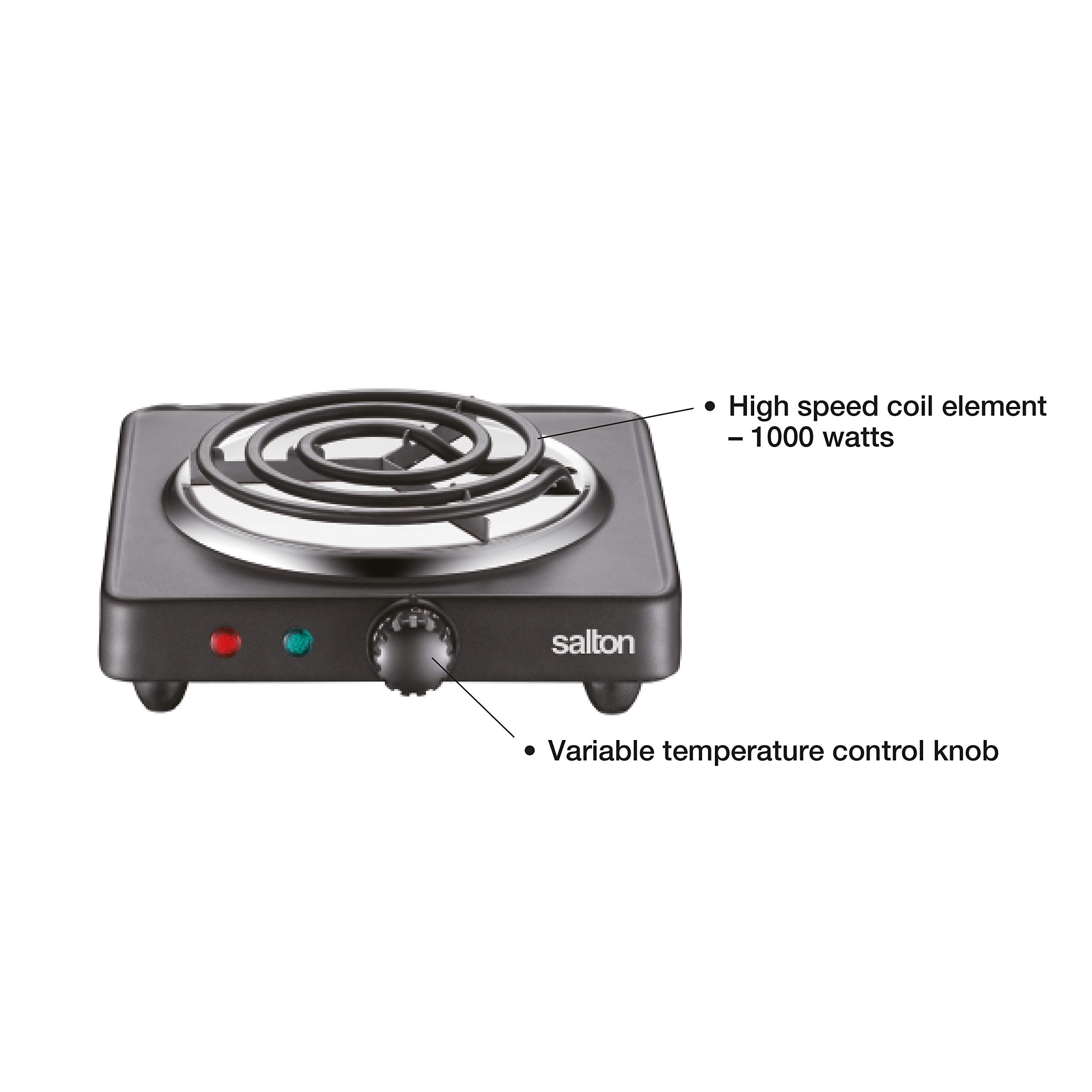 Salton Single Coil Portable Electric Cooktop | 1000 Watts | Lightweight & Compact | Variable Temperature Control | Perfect for Dorms, Offices, Camping | Black | 100% Canadian-owned & operated