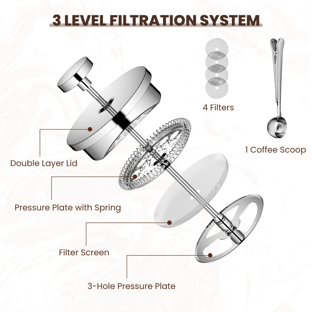 Velaze French Press Coffee Maker, Stainless Steel Double Wall Insulated French Press Coffee Press, Small Coffee Maker Included 4 Extra Fliters and 1 Coffee Spoon, 350ML, 12 oz
