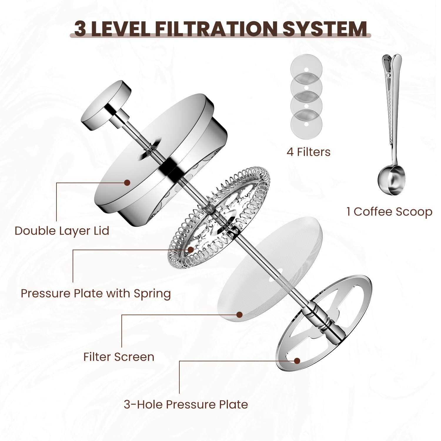 Velaze French Press Coffee Maker, Stainless Steel Double Wall Insulated French Press Coffee Press, Small Coffee Maker Included 4 Extra Fliters and 1 Coffee Spoon, 350ML, 12 oz