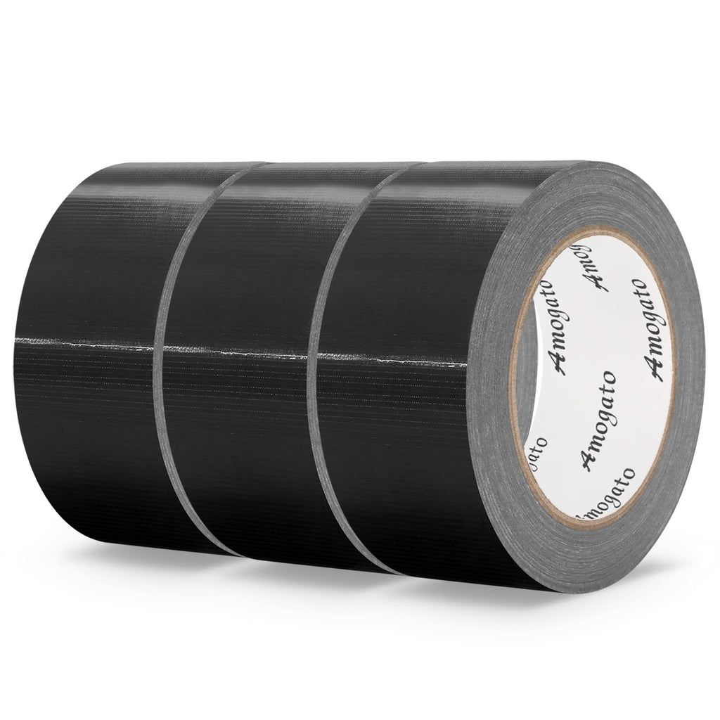 AMOGATO 3 Roll Heavy Duty Black Duct Tape-Professional Grade Outdoor Waterproof Duct Tape,Tear by Hand Design for Self-Healing, Industrial, Professional Use,30 Yards x 2 Inch