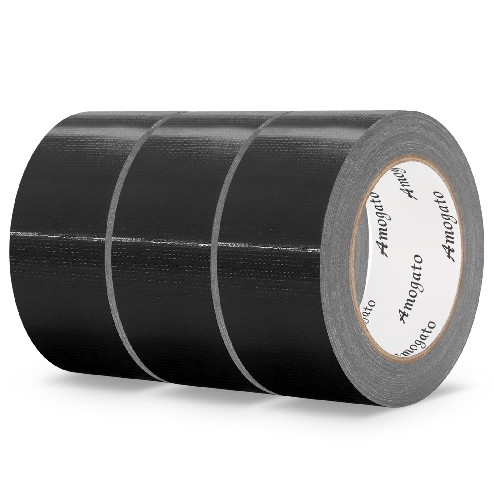 AMOGATO 3 Roll Heavy Duty Black Duct Tape-Professional Grade Outdoor Waterproof Duct Tape,Tear by Hand Design for Self-Healing, Industrial, Professional Use,30 Yards x 2 Inch