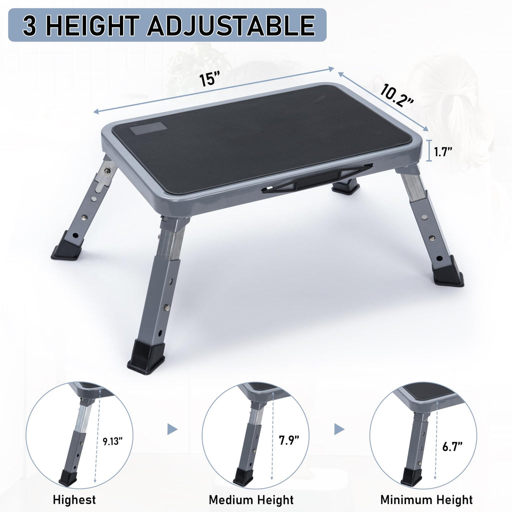 BQKOZFIN Folding Step Stool, 15'‘ x 10.2’' Adjustable Height Step Stool with Non-Slip Rubber and Handle, Suitable for RVs, Bathrooms, Kitchens, and Bedside Use, Supports up to 330 lbs (Gray)