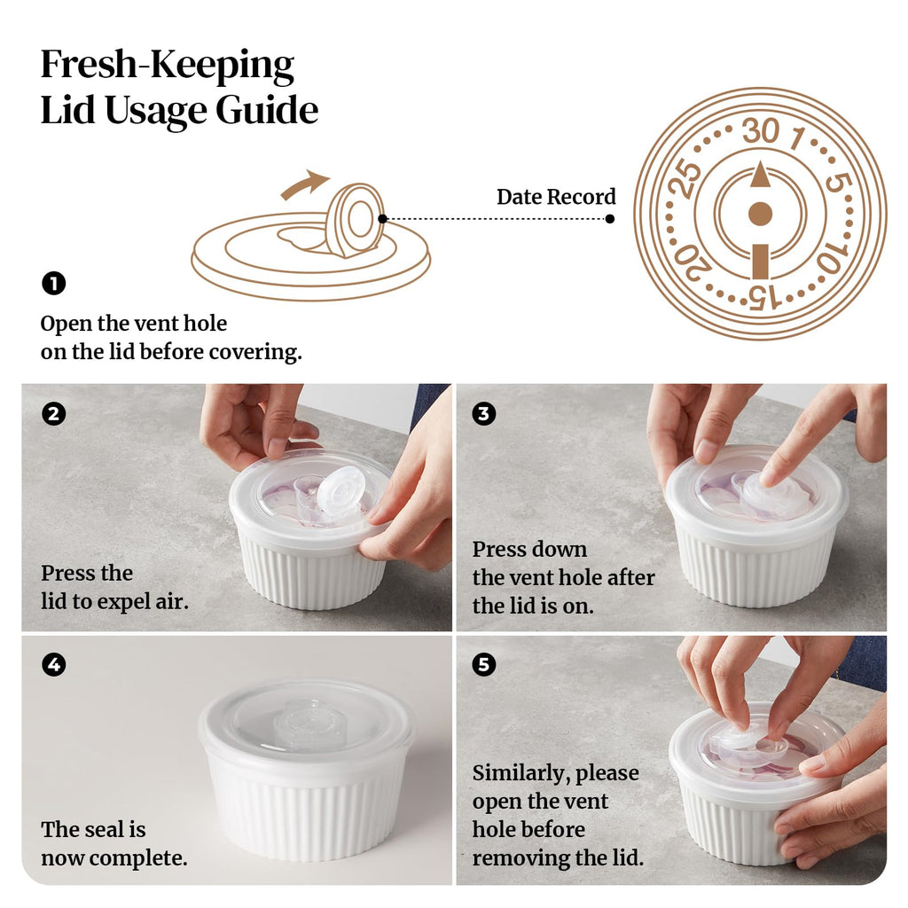 DOWAN Ramekins 8 oz Oven Safe with Lids, Creme brulee Souffle Ramekins with Covers, Porcelain White Ramekins for Baking, Stackable, Set of 6