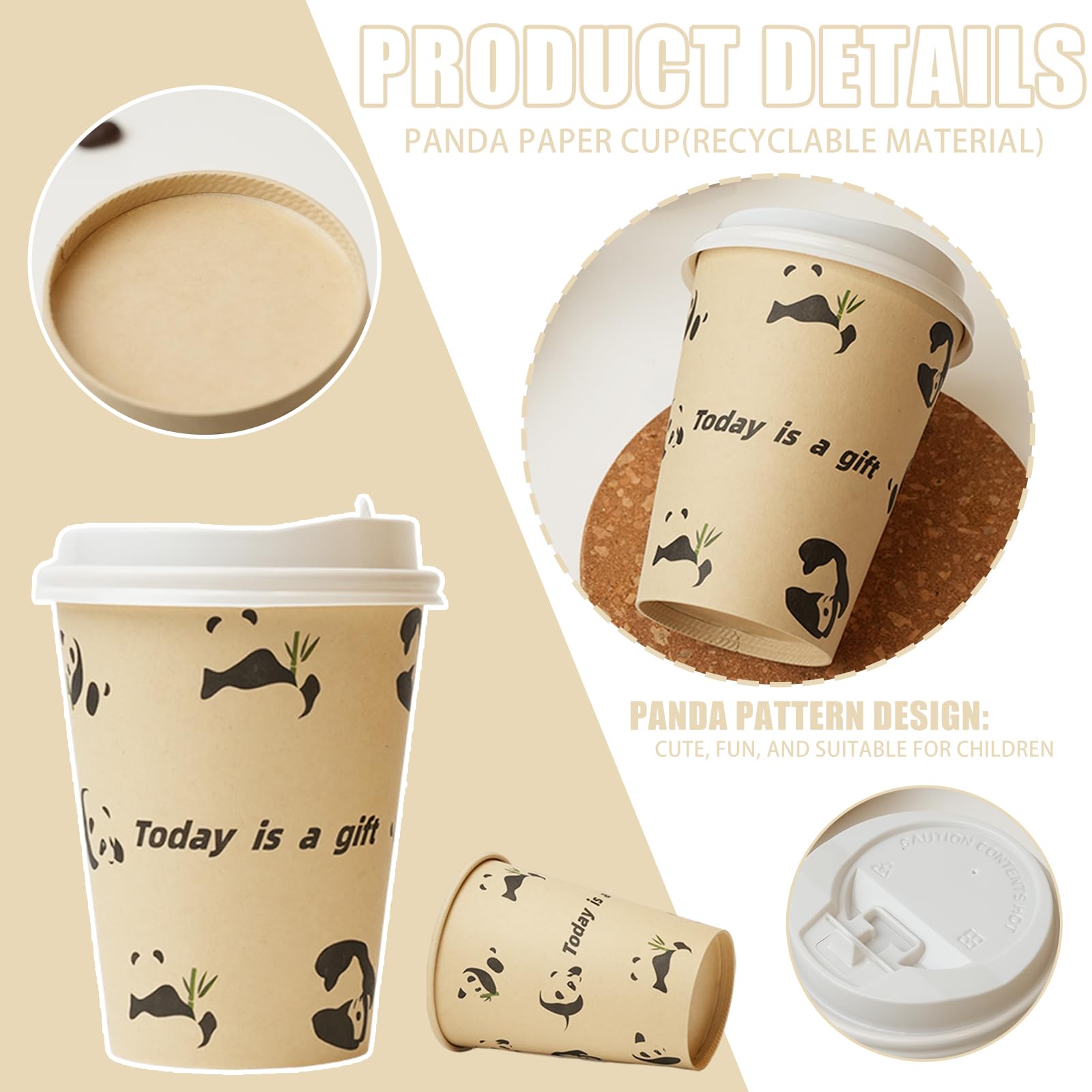 12 OZ 25 Pack Disposable Cups Paper Coffee Cups with Lids, Disposable Paper Cups for Cold/Hot Drinks, Eco-friendly Leak-Proof To Go Drinking Cups for Office Party Home Picnic & Travel (Panda)