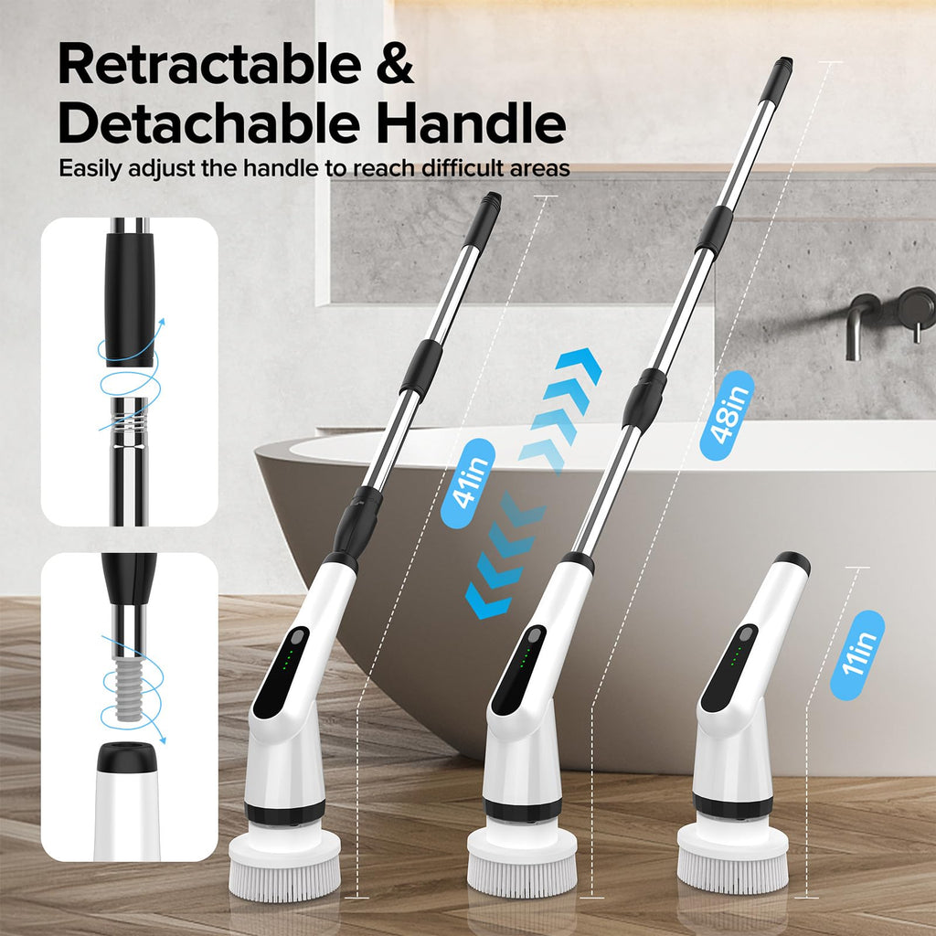 Electric Spin Scrubber, Dreazu IPX7 10-in-1 Bathroom Scrubber， Retractable Handle, 2-Speed Adjustable Shower Cleaner Brush for Bathroom, Bathtub, Kitchen, Tile Floors-White