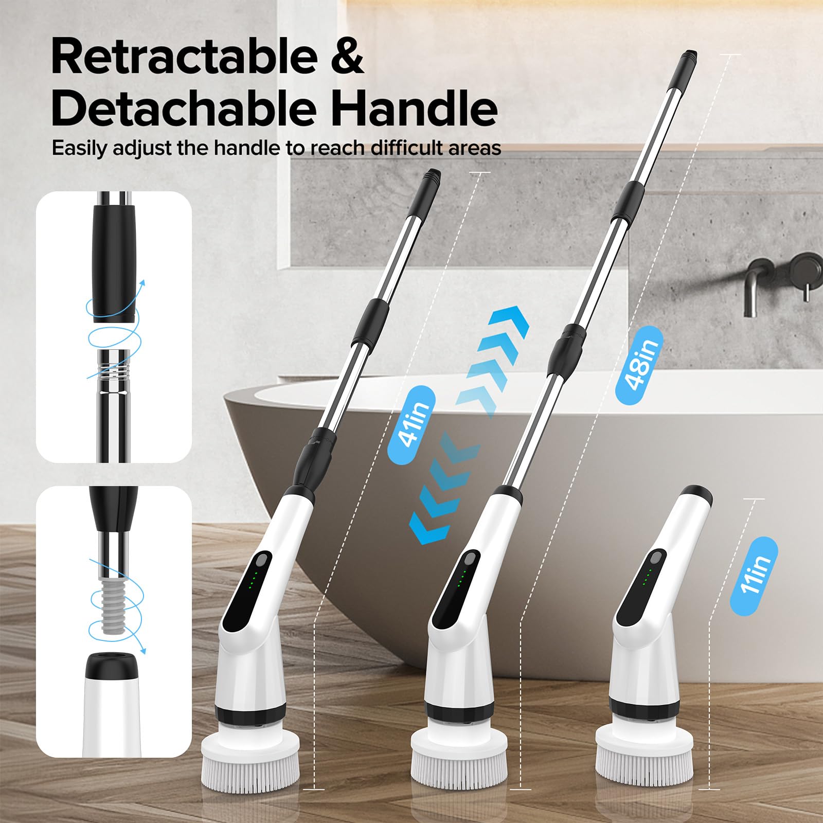 Electric Spin Scrubber, Dreazu IPX7 10-in-1 Bathroom Scrubber， Retractable Handle, 2-Speed Adjustable Shower Cleaner Brush for Bathroom, Bathtub, Kitchen, Tile Floors-White