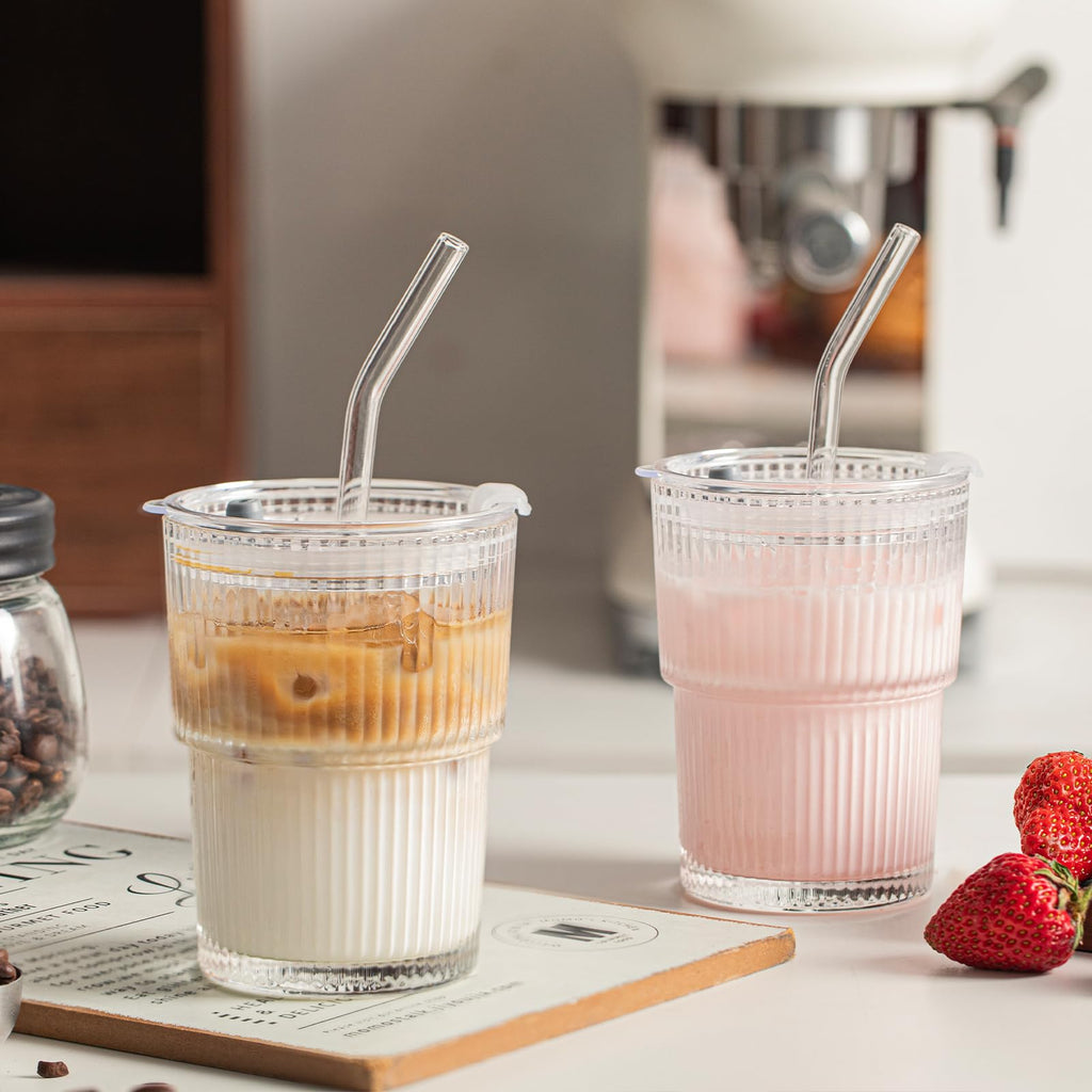 INSETLAN 13oz Glass Tumbler with Lid and Straw 4 Pack - Ribbed Glass Cup Iced Coffee Glasses, Clear Leakproof Tumbler Cup for Smoothies, Iced Latte,Matcha, Cold Drinks