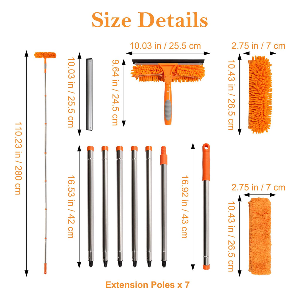 Terafeels 110.23in / 280cm Window Cleaning Tools, 2 Window Squeegees and 3 Cleaning Cloths : 2 in 1 Double-Sided Professional Cleaner with Extension Pole Cleaning Supplies (Orange)